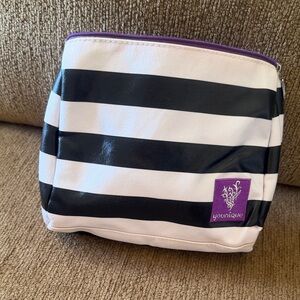 Younique Black and White Striped Cosmetic Bag with Purple Accents